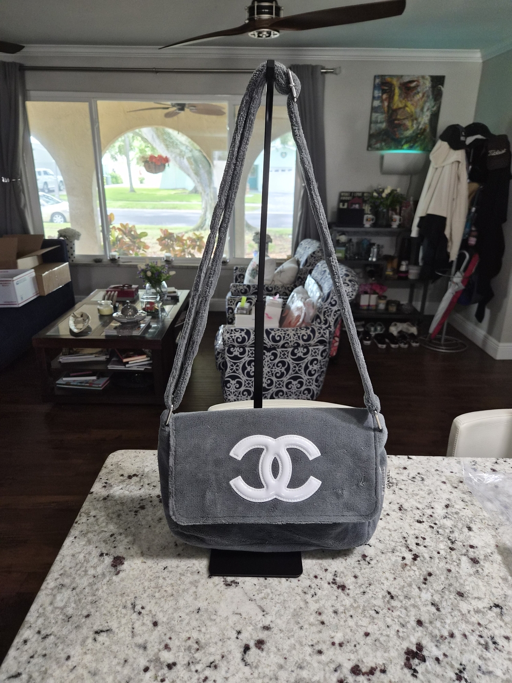 Chanel Precision VIP GWP Gray Terrycloth Bag with White Logo adjustable strap